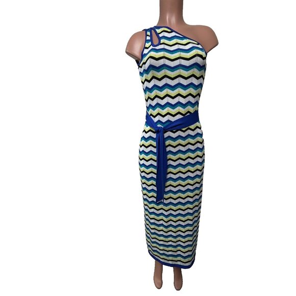 Ming Wang One Shoulder Column Maxi Dress Women's Size XS Chevron Knit NWT - Picture 1 of 13